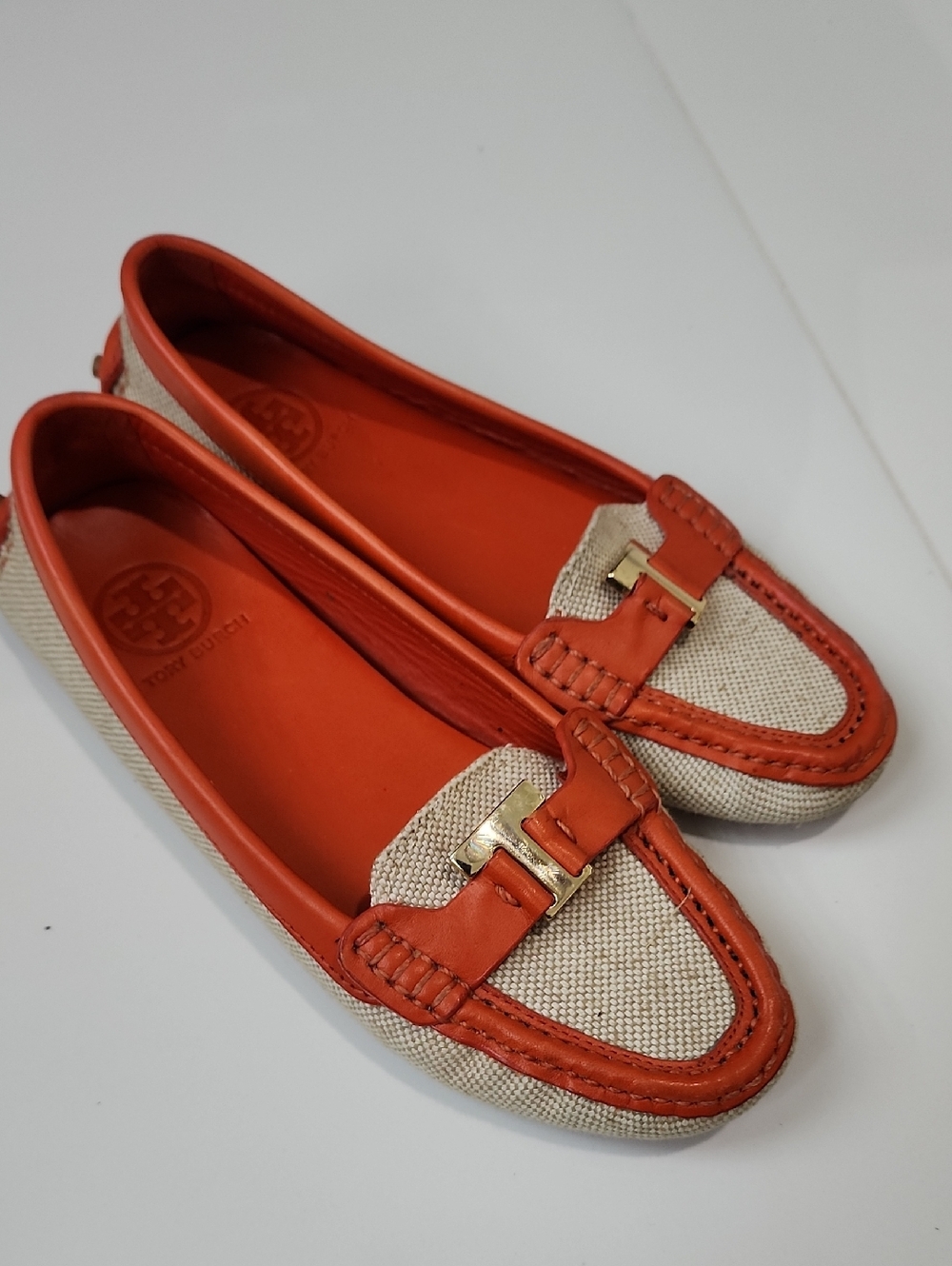 Tory Burch Orange Leather-Trim Canvas Loafers with Gold Hardware Casey Driver
